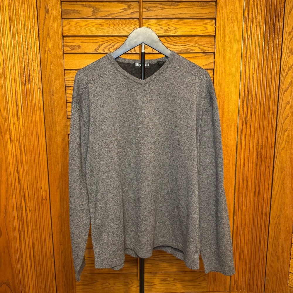 Brandini Mens Smart Casual XXL Gray V-Neck Sweater Cotton Blend Long Sleeve